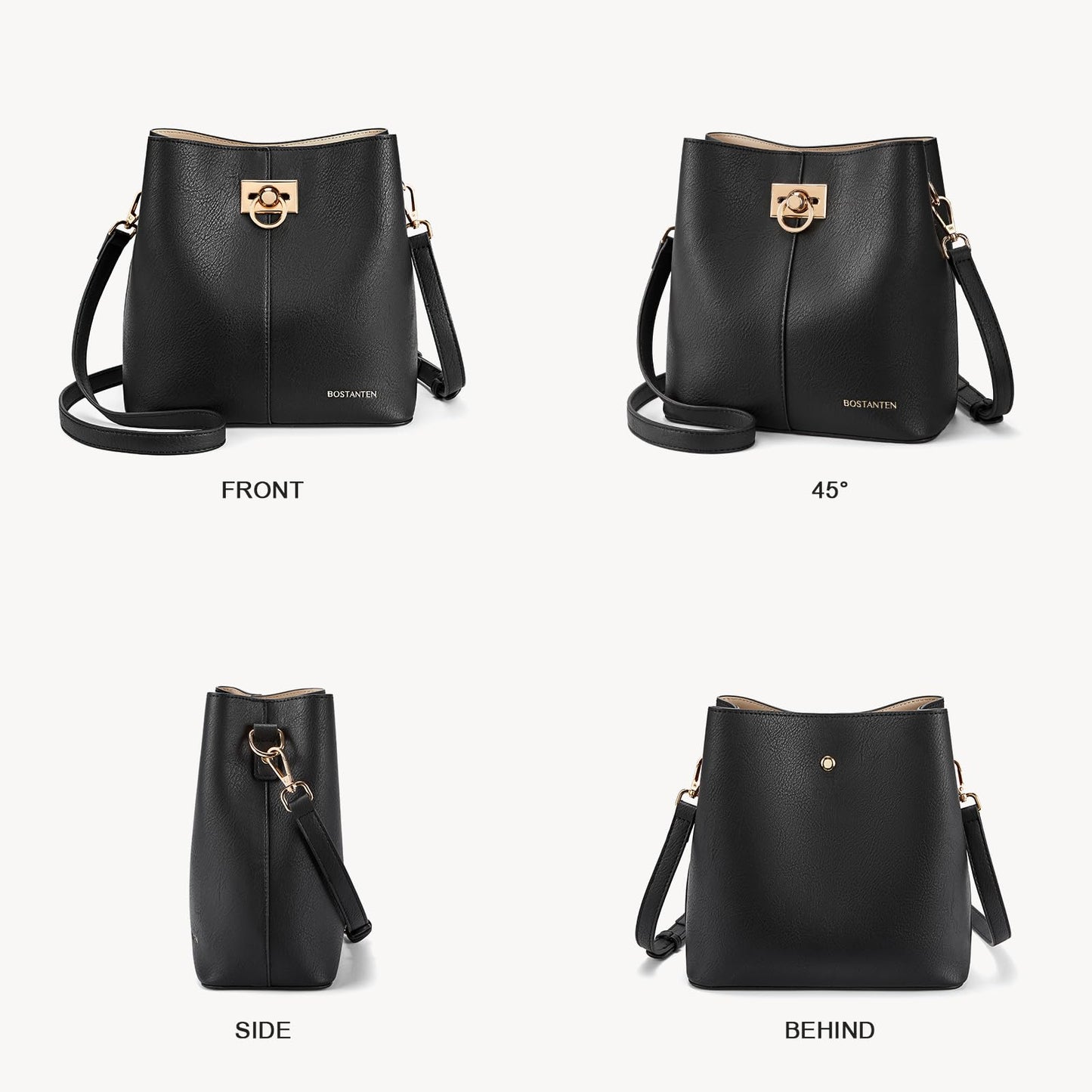BOSTANTEN Crossbody Bucket Shoulder Bags for Women Vegan Leather Purse Cross Body Handbag Multiple Pockets Black