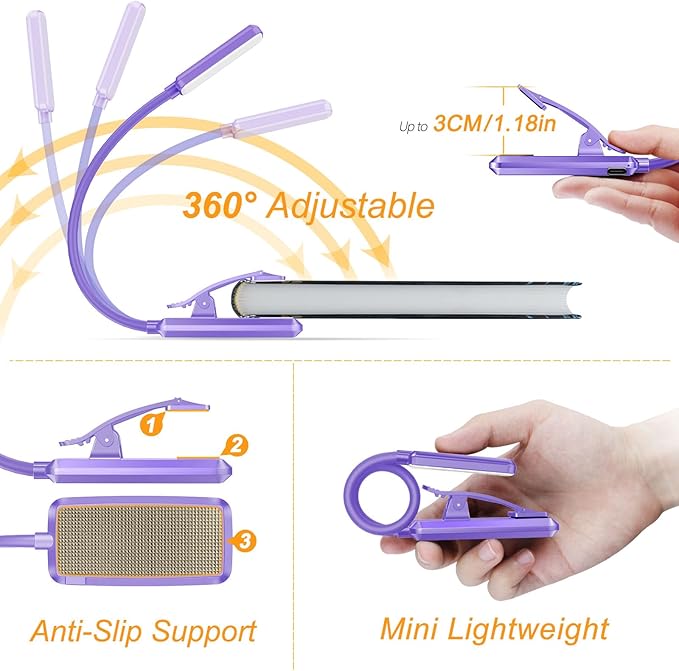 Gritin 9 LED Rechargeable Book Light for Reading in Bed - Eye Caring 3 Color Temperatures,Stepless Dimming Brightness,80 Hrs Runtime Small Lightweight Clip On Book Reading Light for Studying-Purple