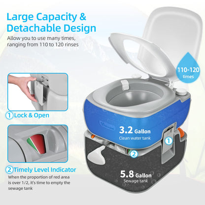 YITAHOME Portable Toilet Camping Porta Potty 5.8 Gallon with Carry Bag and Hand Sprayer, Leak-Proof Indoor Outdoor Toilet with Level Indicator, Handle Pump, for RV Travel, Boat and Trips