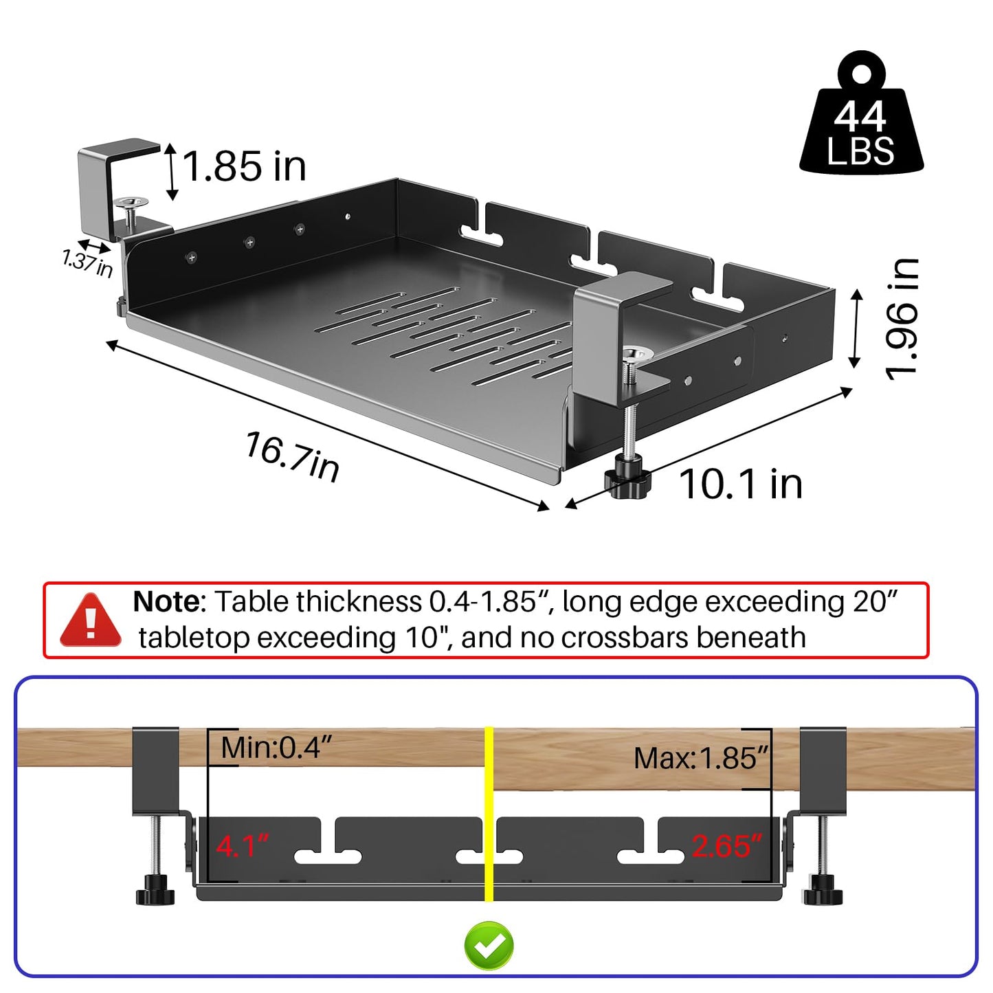 No Drill Under Desk Laptop Mount, Metal Under Desk Storage Shelf with Cable Management, Laptop Storage Tray for MacBook, Keyboard, Mac Mini, Anti-Scratch Silicone, Fits Office, Gaming, Workstations