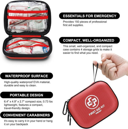 Mini First Aid Kit - 150-Piece Waterproof Hard Shell Medical Kit for Home, Travel & Outdoor Emergencies | Red