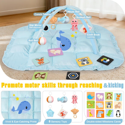 5-in-1 Tummy Time Mat Baby Activity Gym with Cartoon Pattern, Extra Thick Plush Play Floor Mat, Featuring Hanging Toys, Sensory Development Gym & Lovely Gift for Newborn Baby, Whale