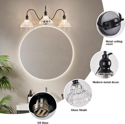 Vintage Bathroom Vanity Light Fixtures Antique 3-Light Black Vanity Lights Crystal Glass Shades Bathroom Lighting for Mirror Bedroom