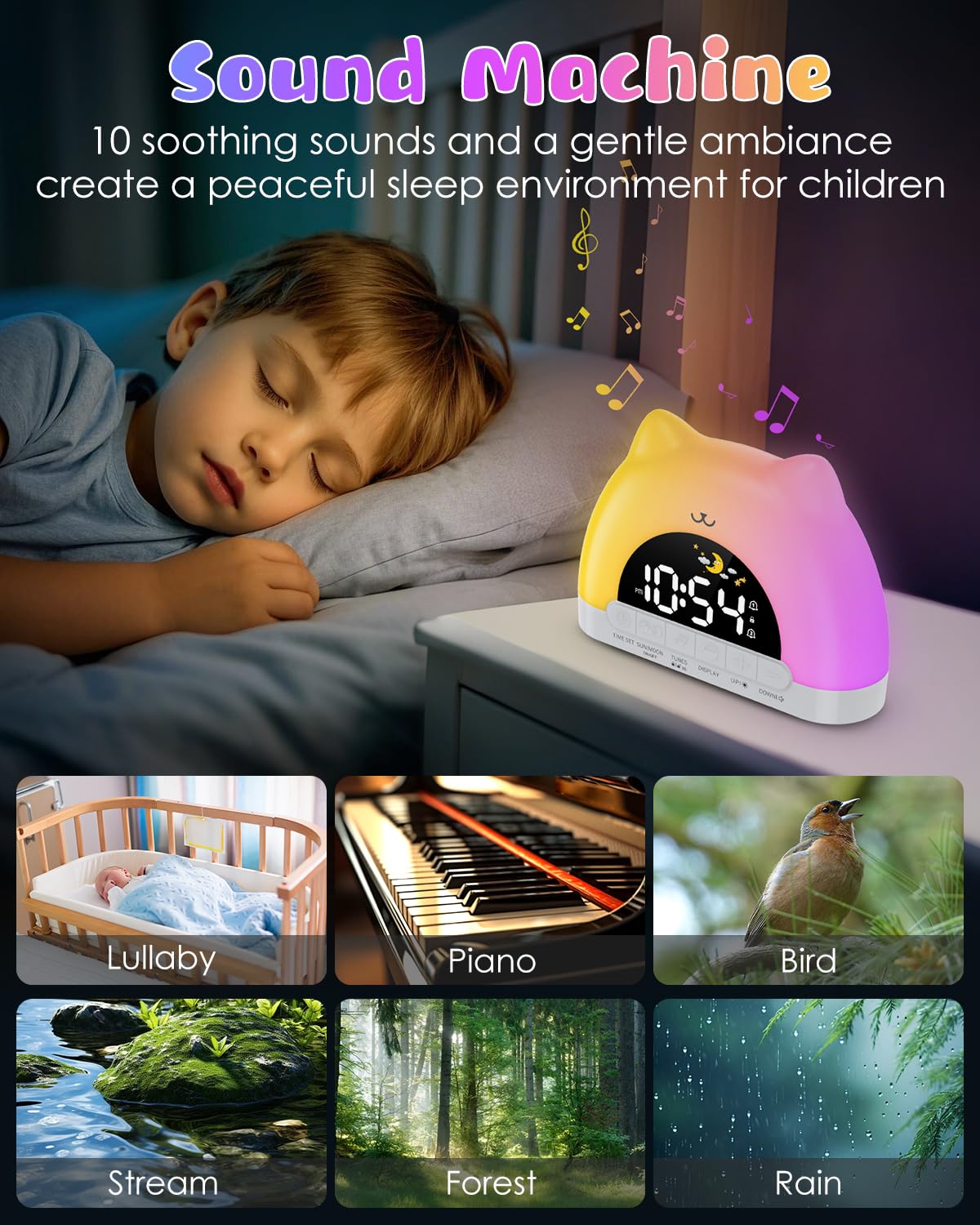 Homiyteck Kids Alarm Clock, OK to Wake Alarm Clock for Kids, Cat Clock with 11 Colors Night Light, 10 Soothing Sounds, Child Lock, Dual Alarms, Sleep Training, Birthday Gift for Boy Girls Children