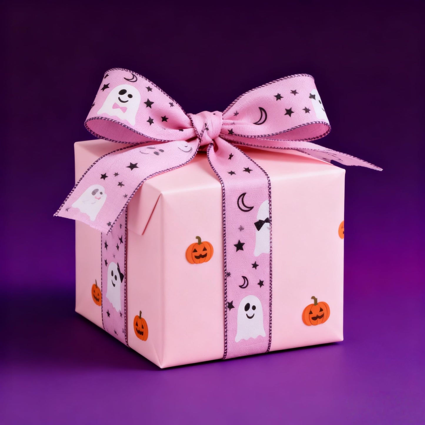Meseey Pink Ghost Wired Ribbon 2.5 Inch x 20 Yards, Cute Spooky White Ghost Star Moon Linen Wired Edge Ribbon for Halloween Wreath, Gift Wrapping, Fall Birthday Party DIY Craft Decor