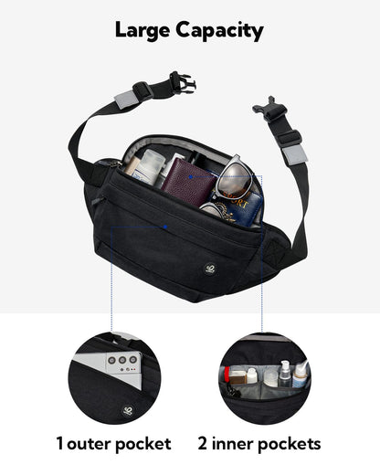 WATERFLY Fanny Pack for Men Women Water Resistant Large Hiking Waist Bag Pack Carrying All Phones for Running Walking Traveling (Black)