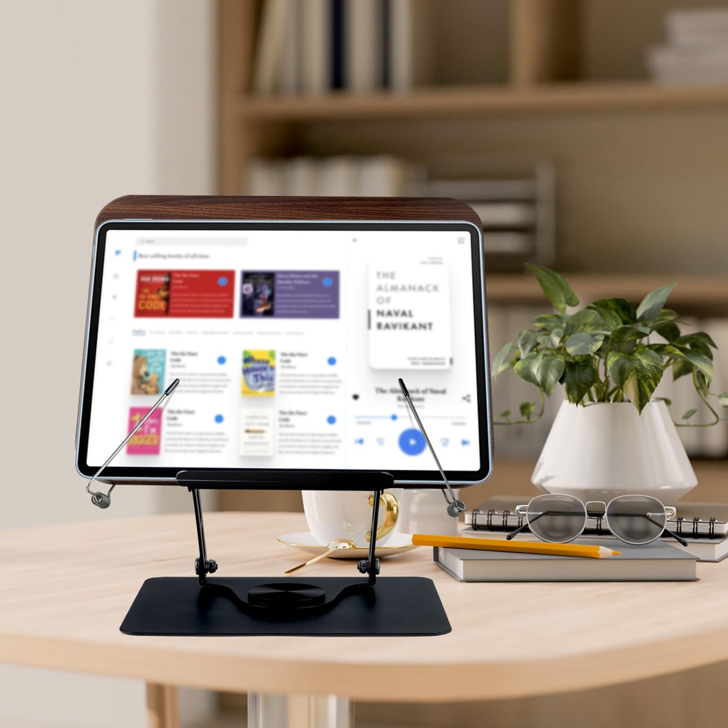 comfoyar Book Stand for Reading, Foldable Textbook Reading Stand with 360° Swivel Base and Elastic Page Clips, Adjustable Desk Cookbook Holder for Recipe Tablet Laptop Music Scores, Hands Free