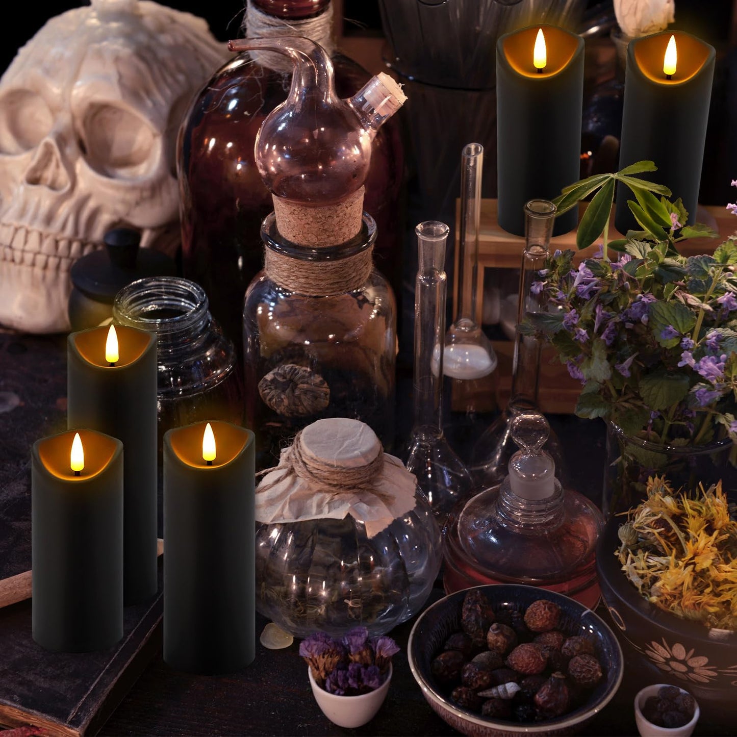 YOROXRG 24 Pack Halloween Decoration Flickering Flameless Candles, Battery Operated LED Pillar Candles with Remote Control and Timer.for Home Decor (D2.2 xH 5" 6" 7" Black)