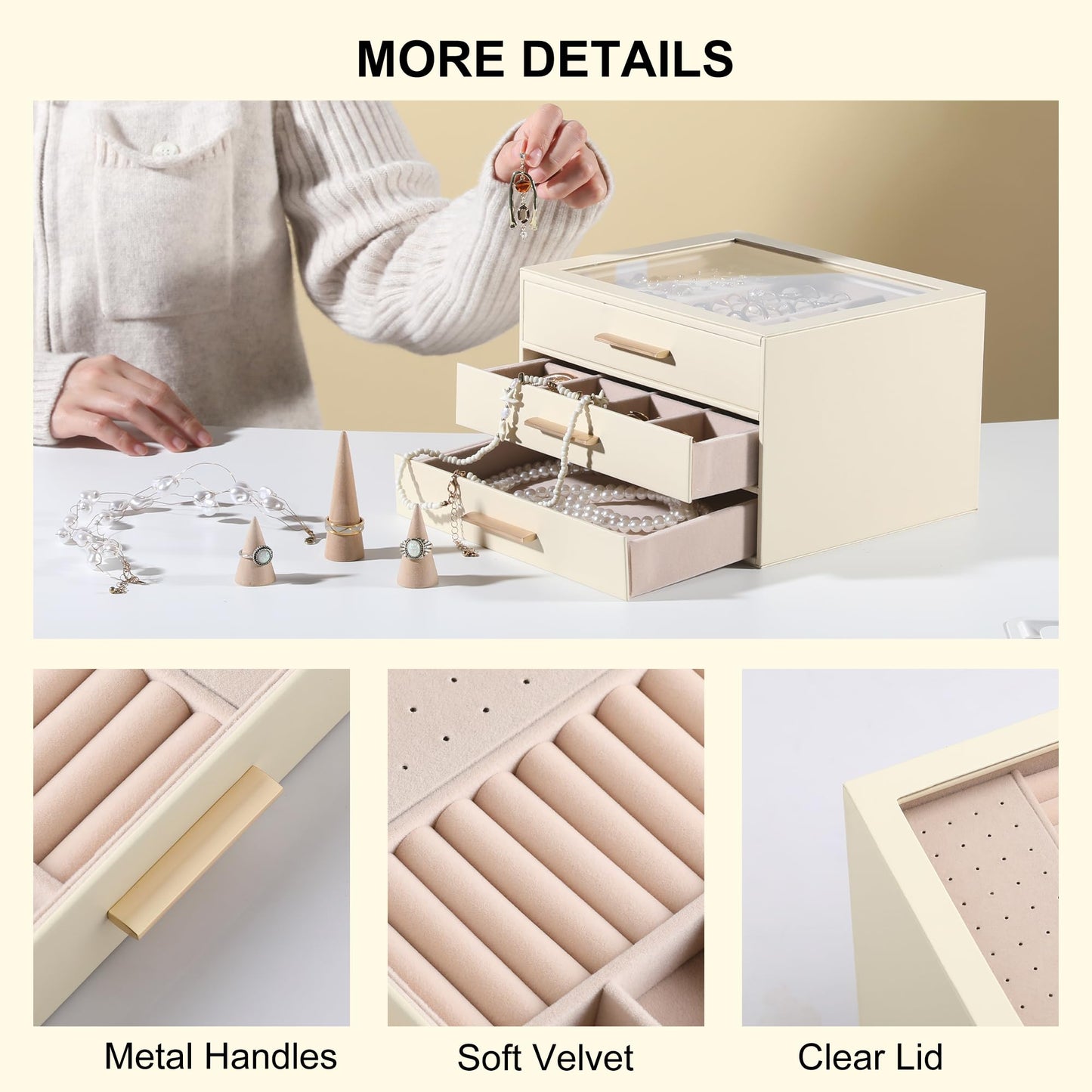 Frebeauty Clear Lid Jewelry Box,3-Layer Jewelry Organizer with Drawer,PU Leather Jewelry Organizers and Storage,Jewelry Boxes for Women,Jewelry Storage for Rings Earring Stud,Gift for Women(Beige)