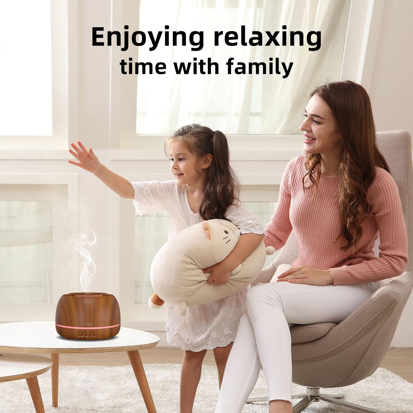 SEEDSEEL 300ML Essential Oil Diffuser with Remote Control,7 LED Colour Lights,4 Timer, Quiet,Ultrasonic Aromatherapy Diffuser for Bedroom, Living Room, Desk,Office