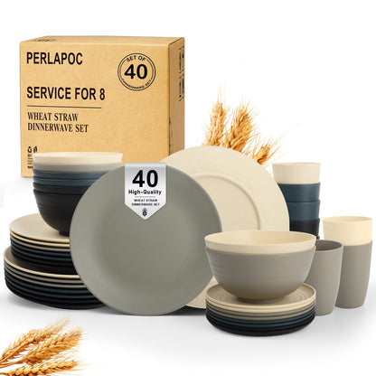 Wheat Straw Dinnerware Set 40-Piece Service for 8 Unbreakable Dishes Set Plates and Bowls Sets Drinking Glasses Microwave Safe Dish Set Lightweight Dinnerware Set for Home & Kitchen - Yellow