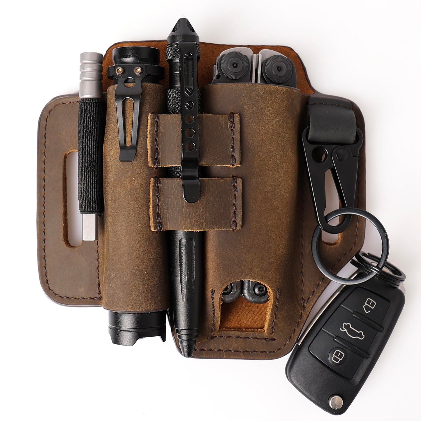 Gentlestache Multitool Leather Sheath for Belt, EDC Organizer, Multitool Pouch,Leather EDC Sheath with Elastic Band Pen Holder, Flashlight Holder and Keychain Clip, Practical Belt Pouch for EDC Gears