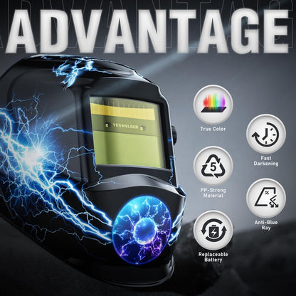 YESWELDER Auto Darkening Welding Helmet, Blue Light Blocking, 1/1/1/1 True Color Solar Powered Welding Hood with 2 Arc Sensors, Wide Shade 3.5/9-13 Welder Mask for TIG MIG ARC and Grind