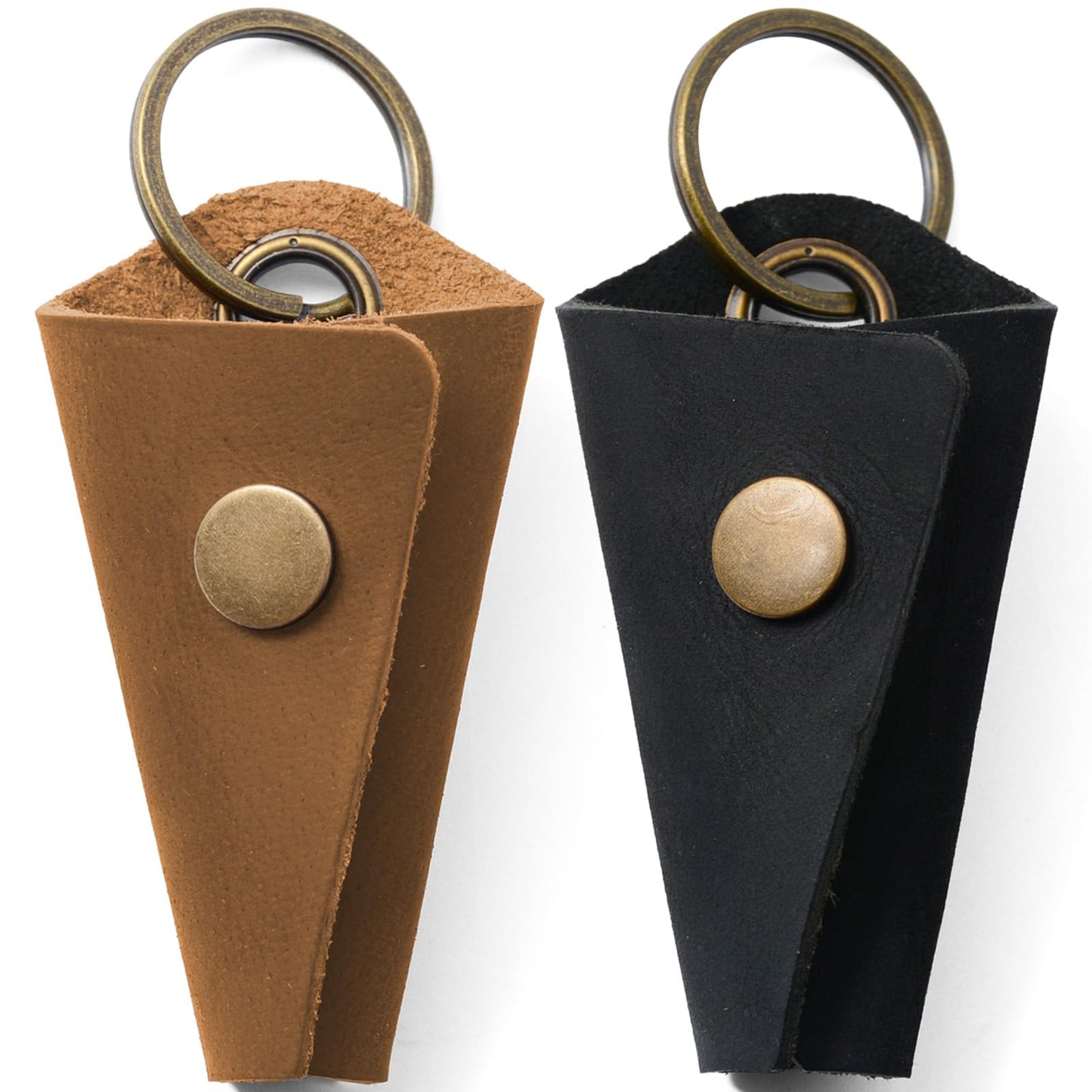 2-Pack Handmade Crazy Horse Leather Wrap Keychain with Snap Closure, Key Ring Cover and Silencer Sleeve - Men's Key Organizer (Light Brown/Black)