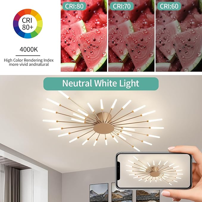 ziidoo Modern Ceiling Light, 28 Lights Metal Firework Designed Chic Led Lighting Fixture for Farmhouse Kitchen Dining Room Bedroom Hallway Living Room (Gold and Dark Gold)