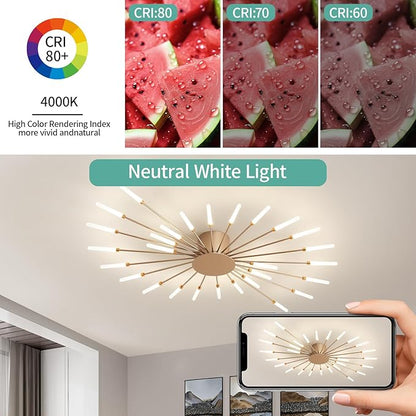 ziidoo Modern Ceiling Light, 28 Lights Metal Firework Designed Chic Led Lighting Fixture for Farmhouse Kitchen Dining Room Bedroom Hallway Living Room (Gold and Dark Gold)