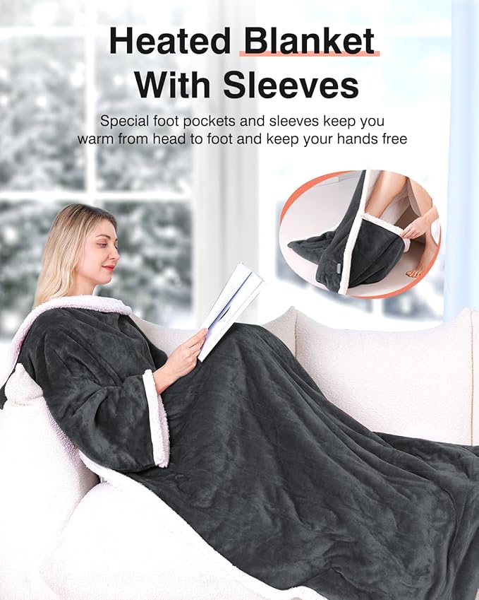 Wearable Heated Blanket with Sleeves, Electric Heated Blanket for Gifts, Electric Throw Wrap Poncho Shawl with Pockets, 6 Heating Levels & 4 Hours Time Settings, 50 x 70 Inch (Grey)