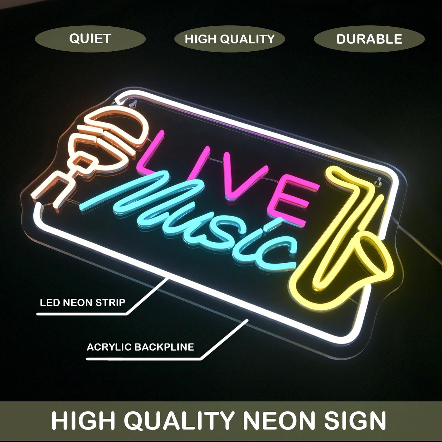 Horseneon Live Music Neon Sign Bright LED Wall Decoration for Music Venues, Bars, Clubs or Homes, USB Power Adjustable Brightness, Classic Song Theme Decoration
