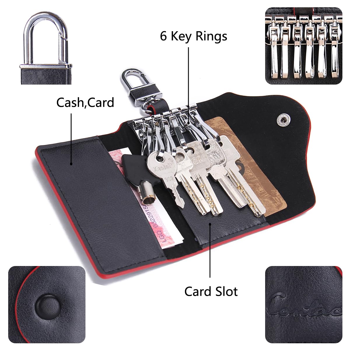 Leather Car Keychain Wallet Bag Case For Key Chains Holder, Mens Genuine Leather Car Key Case Card ID Holder Wallet Keyring Keychain