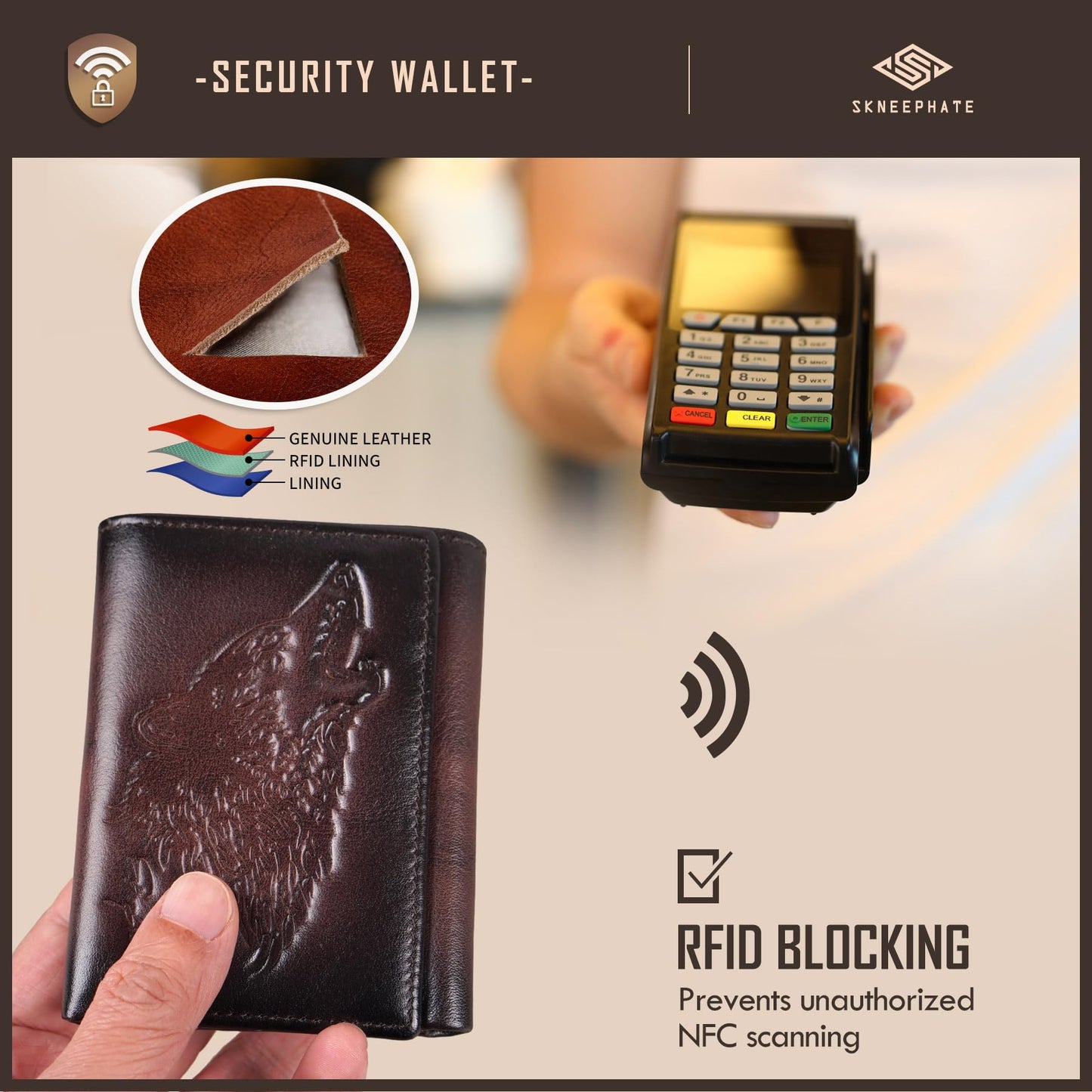 skneephate Men's Trifold Wallet,Wolf Wallets For Men Leather,Rfid Blocking,Gifts For Him Husband (coffee)