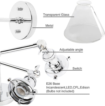 PERMO Double Sconce Chrome Industrial 2-Lights Wall Sconces with Funnel Flared Glass Clear Glass Shade Vanity Light for Bedroom (Chrome)