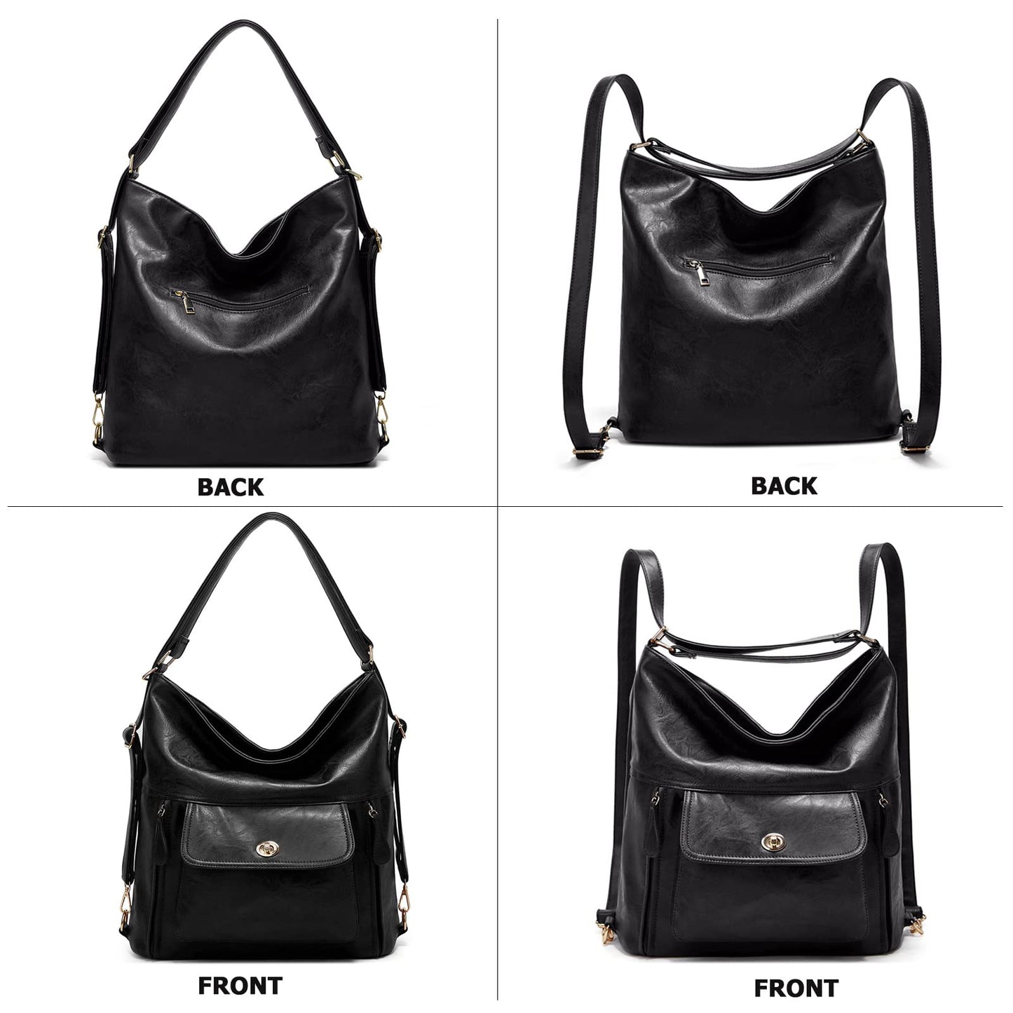 myfriday Vintage Leather Fashion Backpack Purse for Women Large Capacity Convertible Backpack Travel Daily Daypack (Black)