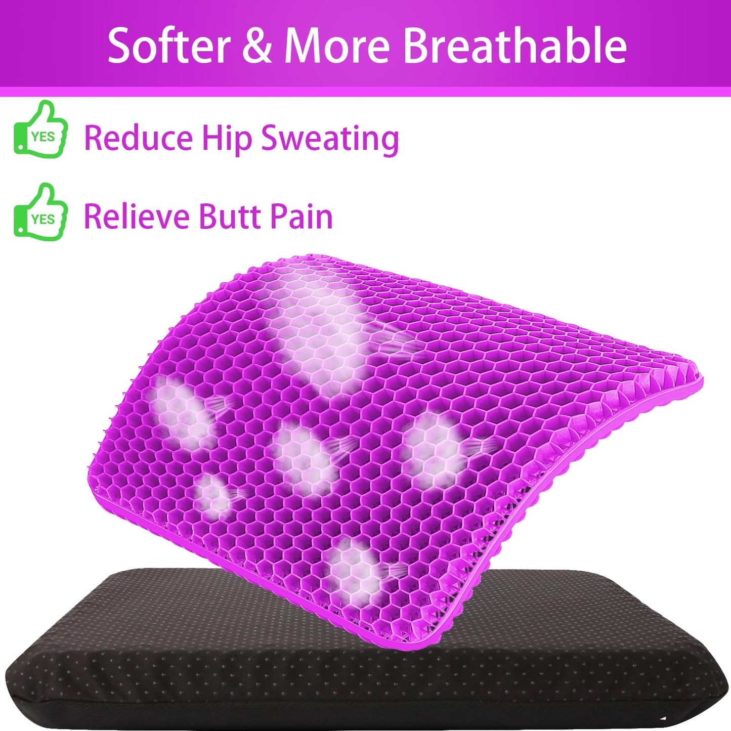 KYSMOTIC Gel Seat Cushion for Long Sitting (Large & Thick), Soft & Breathable, Gel Cushion for Wheelchair, Gel Chair Cushion for Hip Pain, Gel Seat Cushion for Office Chair (Black Cover)