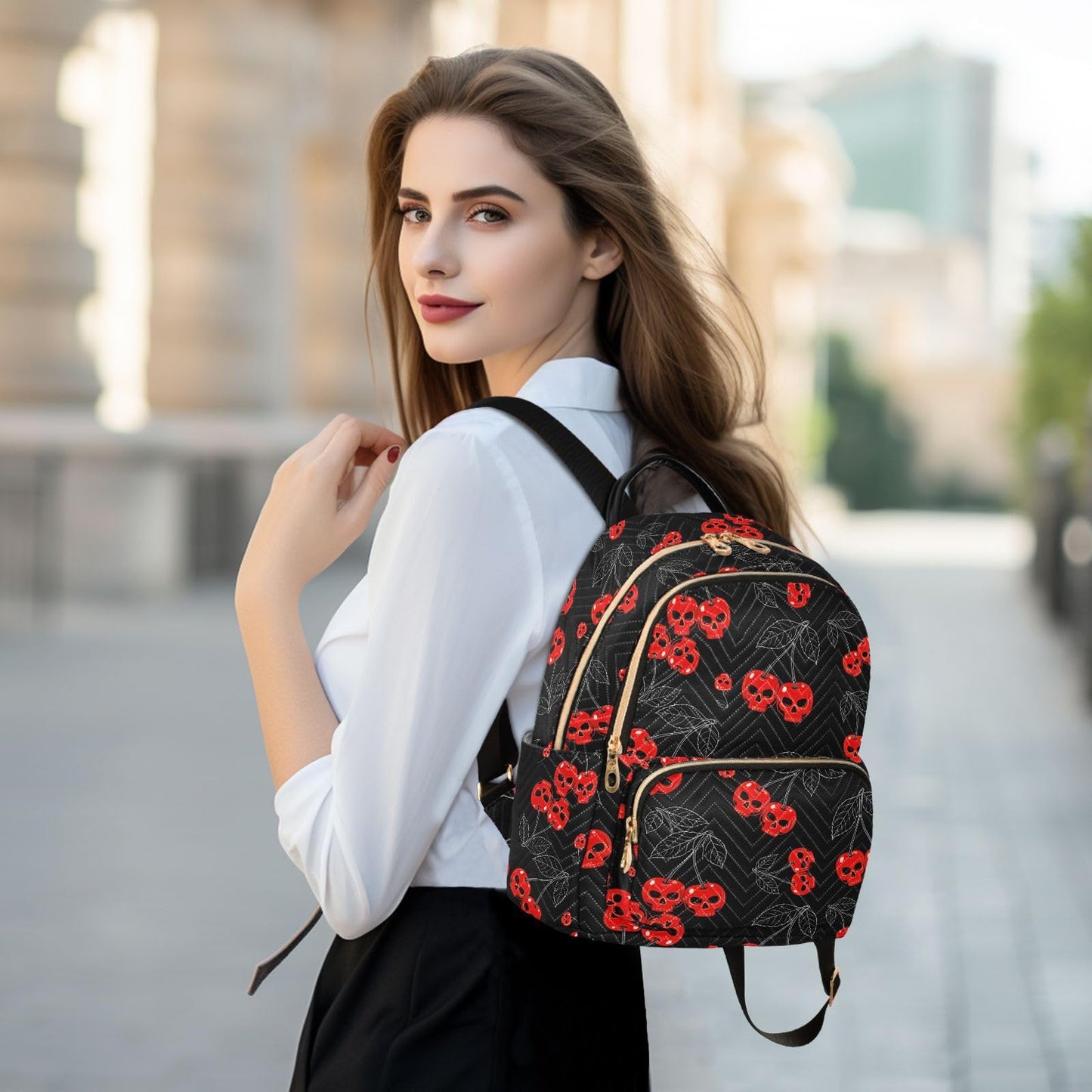 Mozuya Cherry Skull Backpack Purse for Women Girls Black Anti-theft Mini Fashion Travel Backpack with Zipper for College Travel S