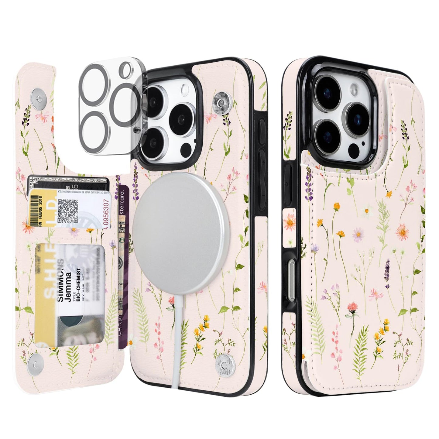 uCOLOR for iPhone 16 Pro 6.3" Wallet Case Magsafe with Card Holder Slot【Compatible with MagSafe】 Folio Flip PU Leather Design with Camera Lens Protector (Nude Wild Flower)