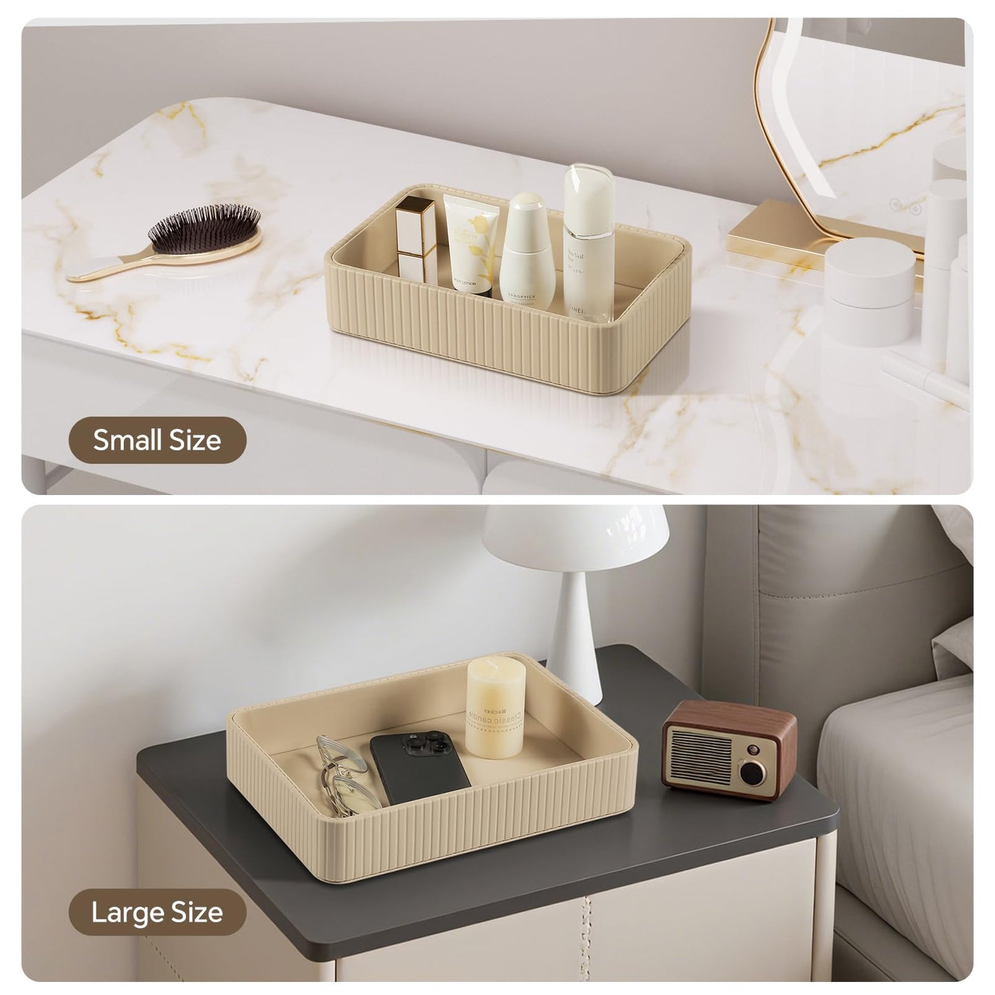 MEIBOOCH Desk Organizer Tray, PU Leather Nightstand Organizer Perfume Valet Tray for Men Women, Decorative Vanity Trays Trinket Dish Key Bowl for Entryway Table (2pcs, Beige, Large+Small)