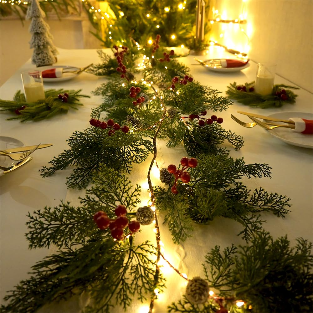 2025 New 6.56FT Christmas Garland Lights with 96 LED 8 Flash Modes Battery Operated Cypress Garland with Timer Lighted Xmas Pine Garland Christmas Decor for Mantle Fireplace Table Stairs Holiday