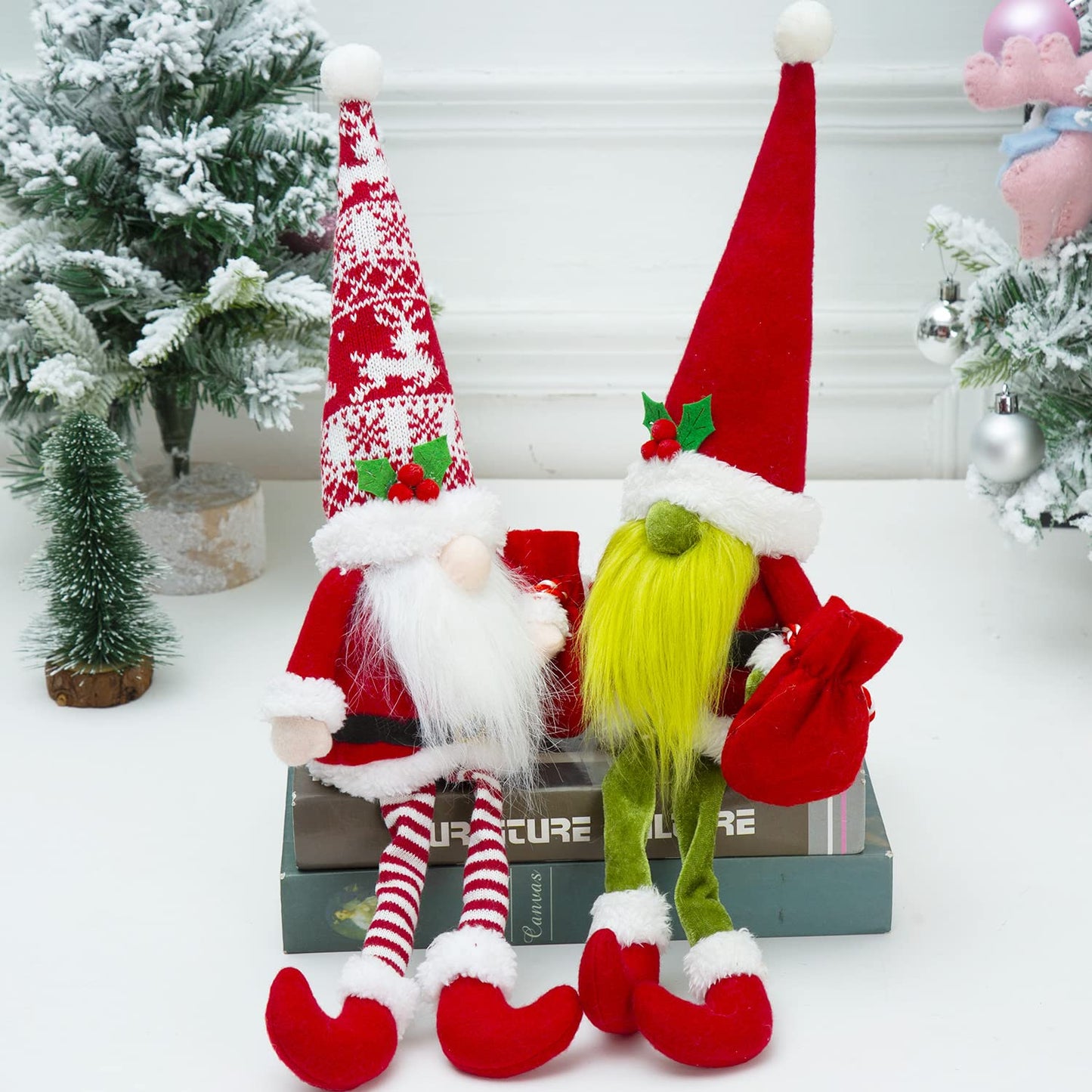 BWFY 2PCS Christmas Gnomes Decorations for Home Holiday Party Gifts Elf Santa Gnome Ornaments Tiered Tray Decor