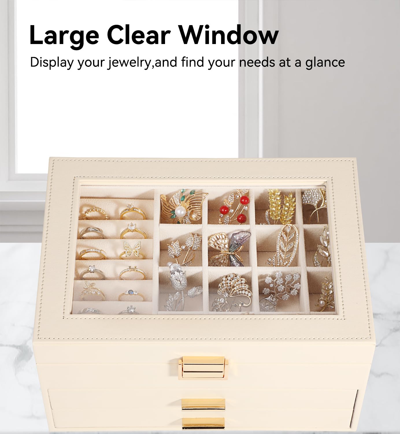Voova Jewelry Box Organizer for Women Girls, 3 Layer PU Leather Jewelry Storage Case with Glass Lid & 2 Drawers, Large Jewellery Display Holder for Necklaces Rings Earrings Bracelets, Apricot