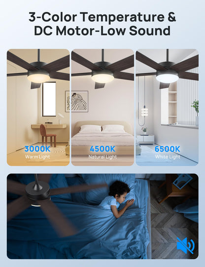VanBoLon Ceiling Fans with Lights 52 Inch Outdoor, Ceiling Fan with Remote Control & Light, 52" Ceiling Fan Flush Mount with Dimmable LED DC Reversible Motor for Bedroom, Living Room, Patios