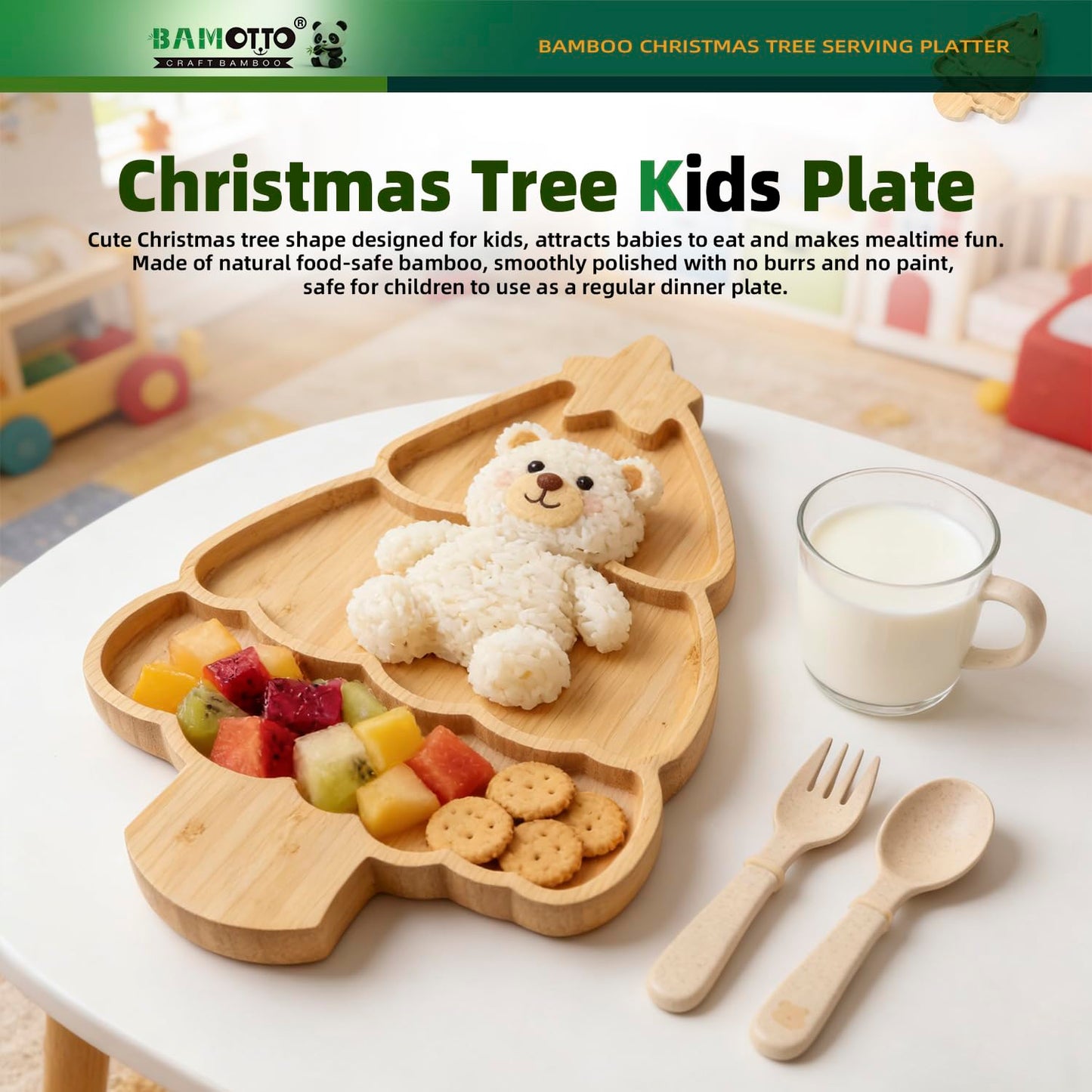 BAMOTTO CRAFTBAMBOO Bamboo Christmas Tree Serving Platter - 13.5"x8.8" Large Kids Snack Plate, Food Safe Charcuterie Board for Christmas Thanksgiving, Divided Tray for Fruit, Dessert, Baby Food