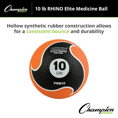 Champion Sports Rhino Elite Medicine Ball-Durable Rubber Weighted Ball & Textured Grip for Core Strength-Cardio & Cross-Training Workouts-Home or Gym Fitness-Orange (10lbs)