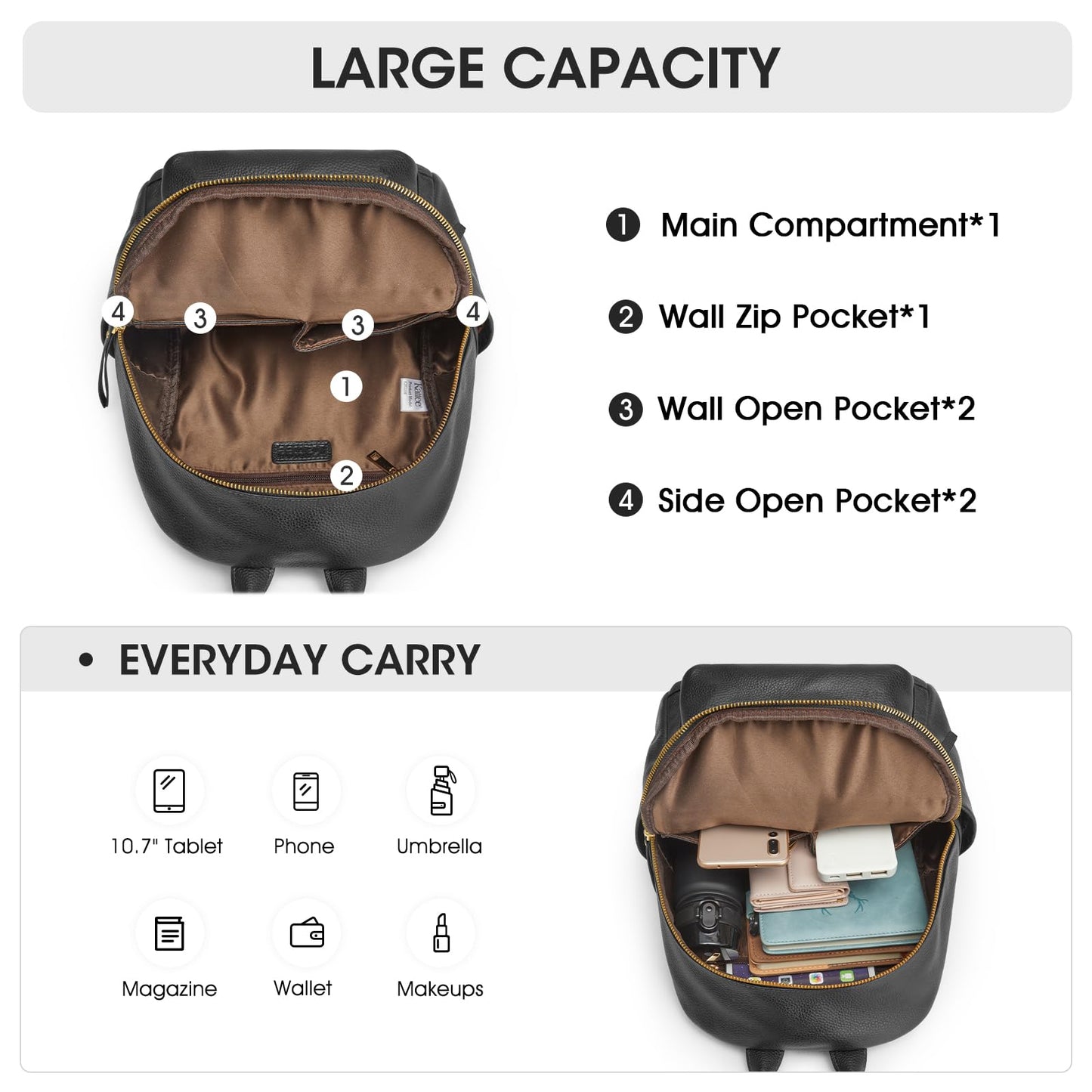 Kattee Genuine Leather Backpack Purse for Women Multi-functional Elegant Daypack Soft Leather Shoulder Bag Shopping Trip, Medium, Black