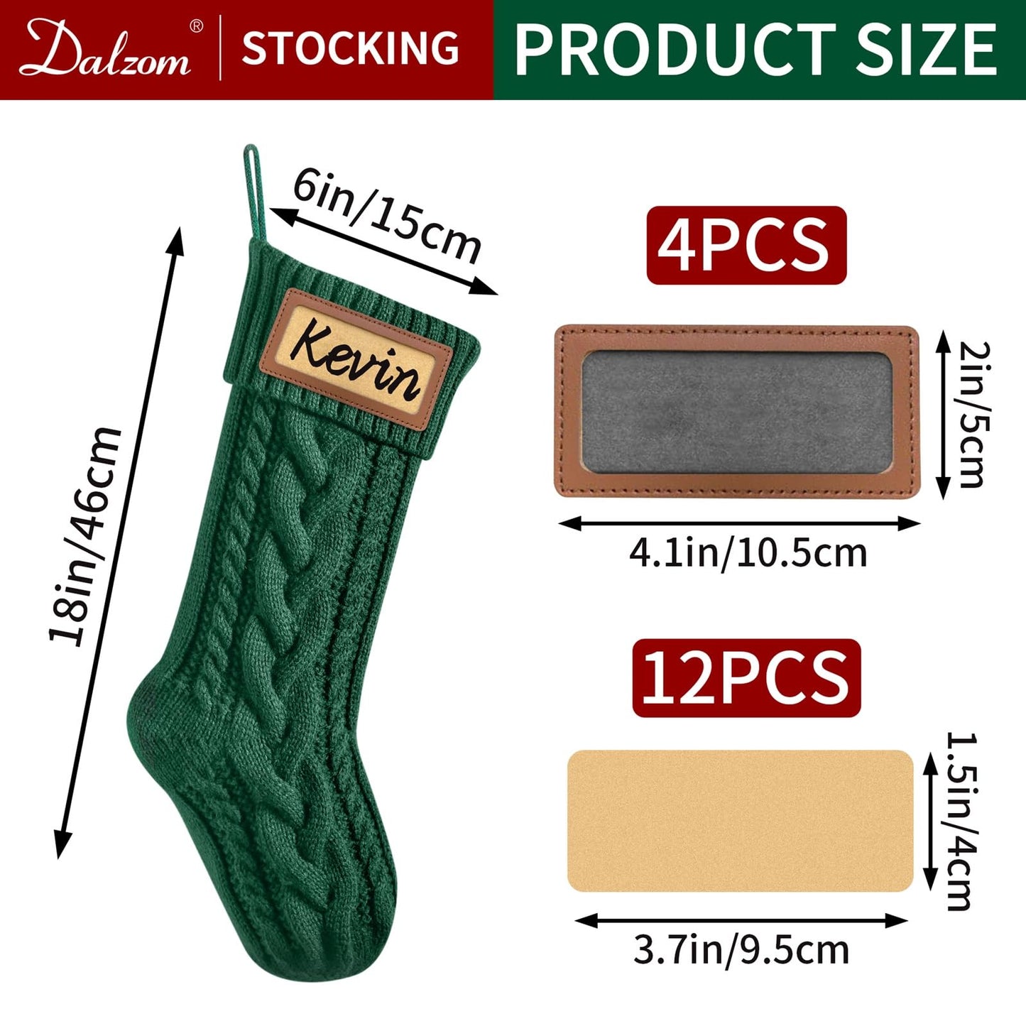 Dalzom® 4Pcs Personalized Christmas Stockings with Leather Patches Custom Name, 18” Premium Large Knitted Christmas Stockings for Kids, Family, Holiday and Fireplace Party Decoration