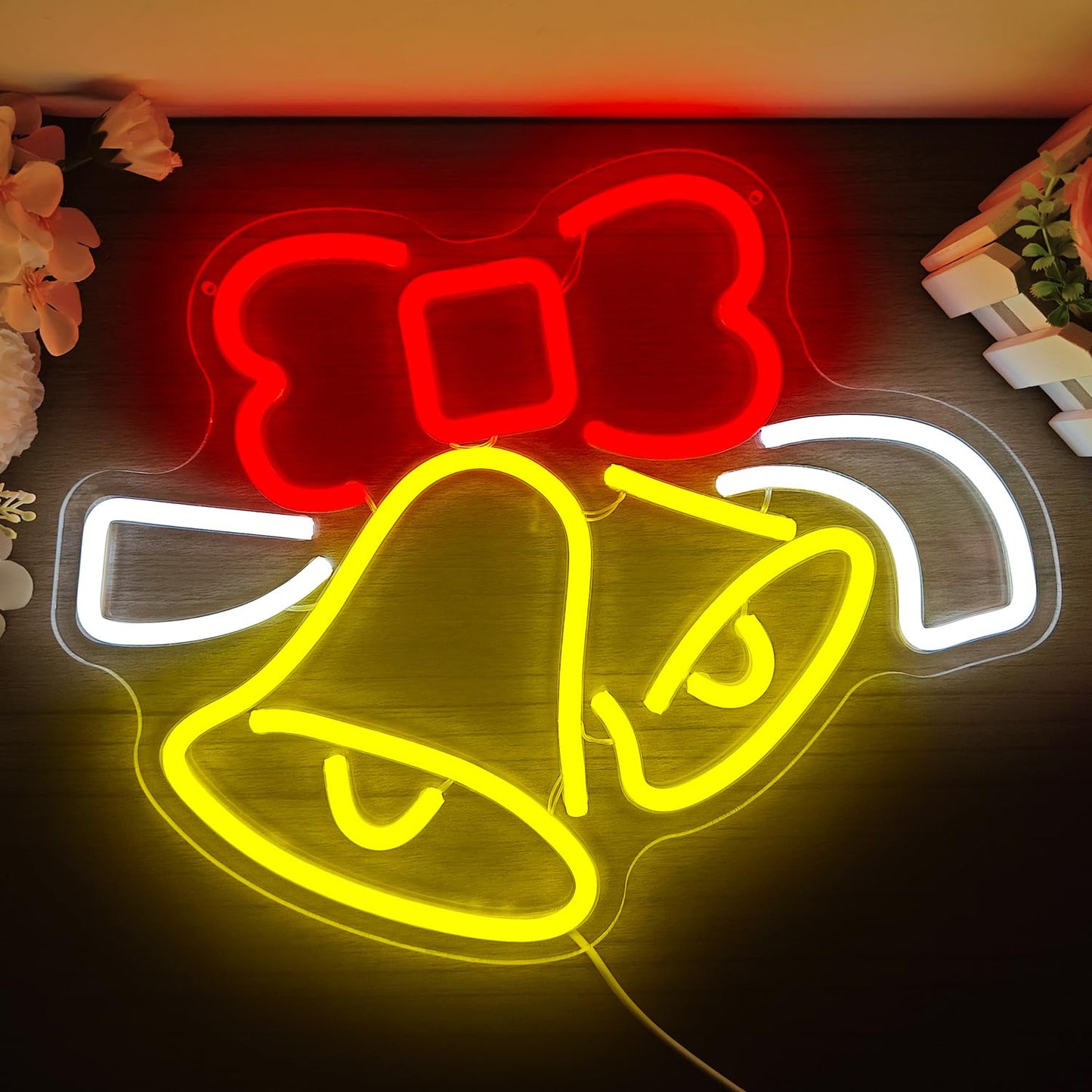 Christmas Neon Sign for Wall Decor Bell Shape Led Neon Signs Dimmable Jingle Bell Neon light for Bedroom Kids Room Bar Xmas Light up signs for Christmas Gifts Party Decor