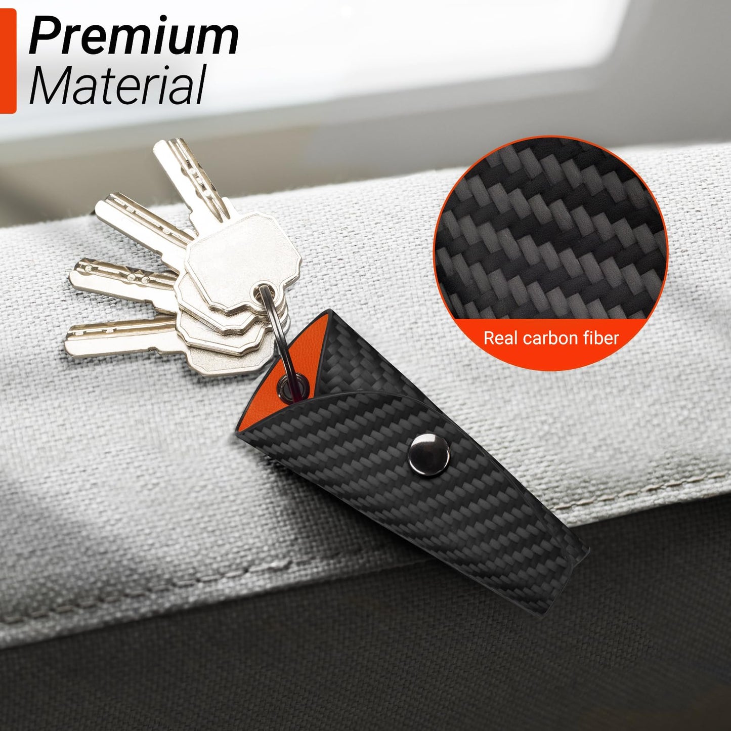 Carbon Fiber Key Wrap Keychain, Silent Compact Key Organizer with PU Leather Interior for House Keys, Men & Women