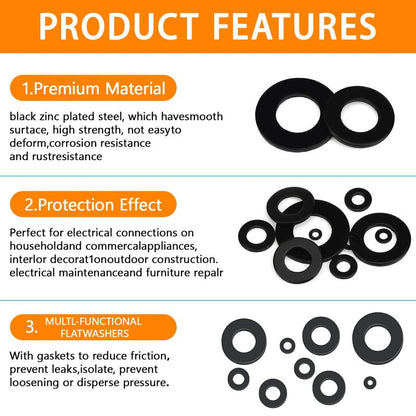 1100 Pcs 9 Sizes Flat Washers for Screws Bolts Black Metal Assorted Washers M2 M2.5 M3 M4 M5 M6 M8 M10 M12 for Furniture Mechanical Repairs