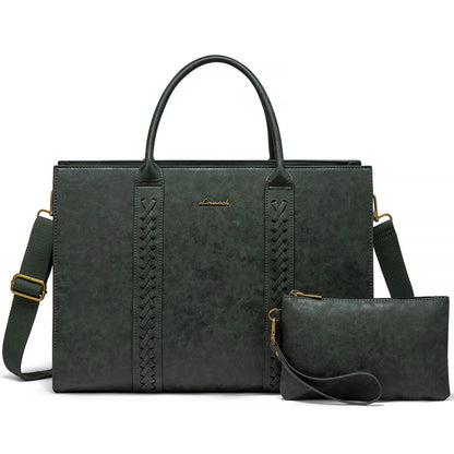 LOVEVOOK Laptop Tote Bag for Women, Vintage Leather Work Bags 15.6 inch Laptop Bag, Waterproof Computer Bag Business Office Briefcase, Green