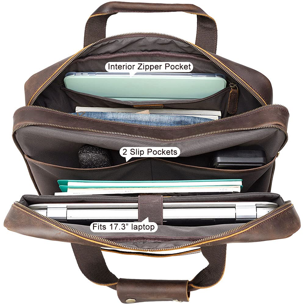 TIDING X-Large 18 Inch Full Grain Leather Briefcase for Men 17.3" Laptop Messenger Bag Business Travel Handbag Shoulder Bag
