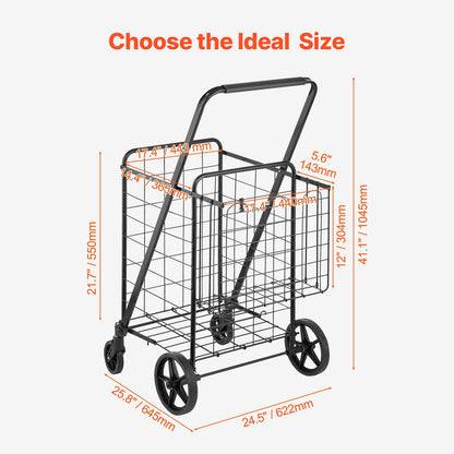 VEVOR Shopping Cart, 110 lbs Large Load Capacity, Folding Grocery Shopping Cart with 360° Swivel Wheels, Double Baskets, Locking Latch, Heavy Duty, Easy Installation, for Laundry, Luggage Camping