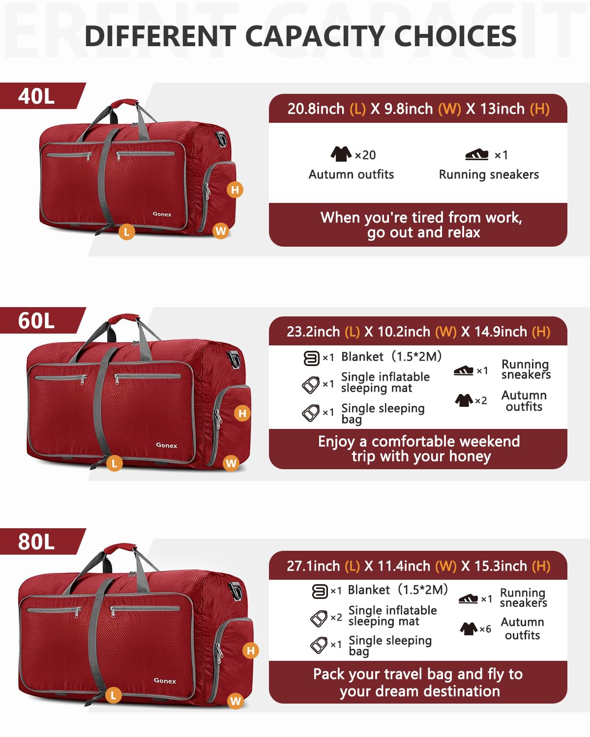 Gonex 100L Large Foldable Travel Duffle Bag with Shoes Compartment, Packable Lightweight Water Repellent Duffel Bag for Camping Gym Weekender Bag Red