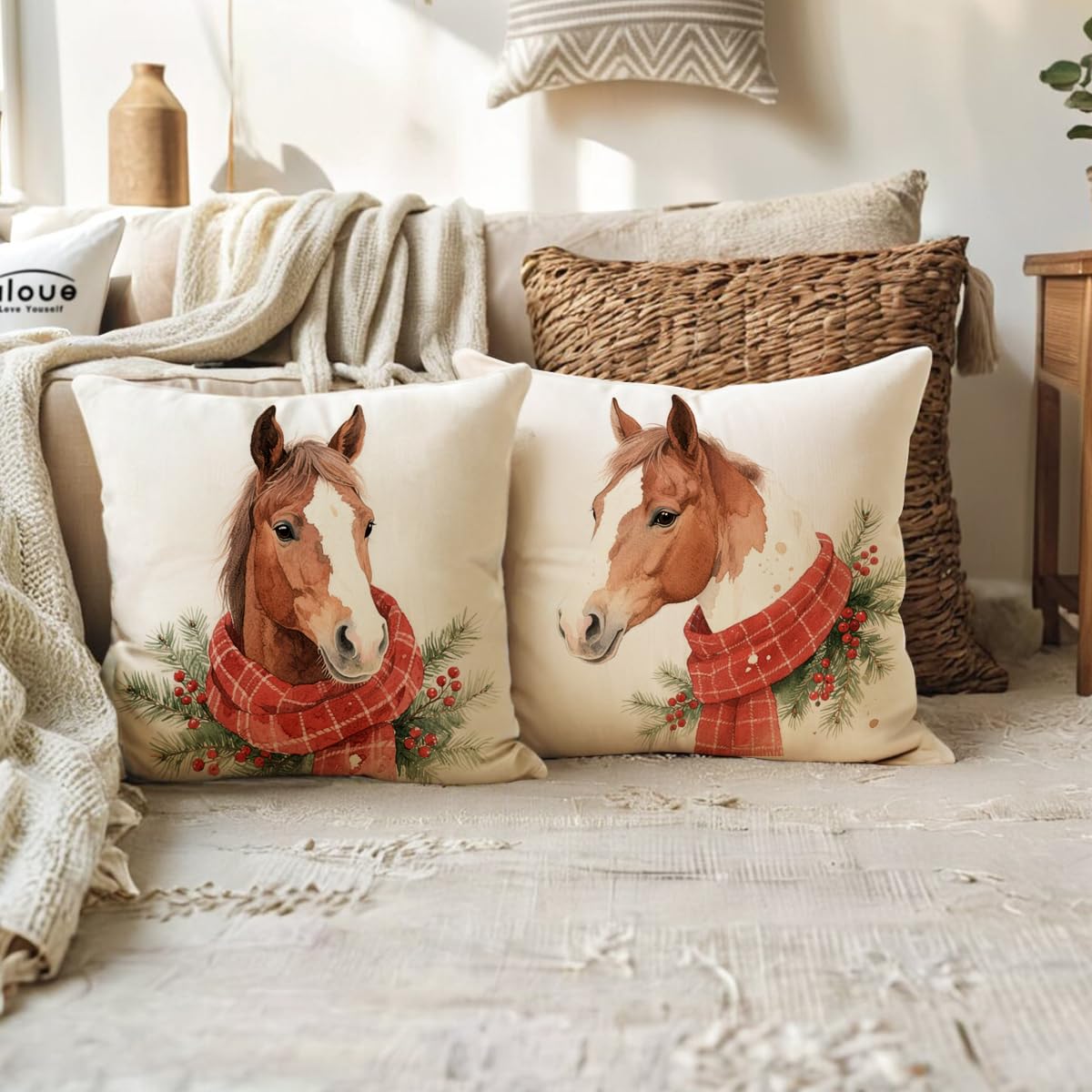 2Pack Christmas Horse Throw Pillowcases with Red Scarf Holly Berries Cushion Cover Winter Holiday Rustic Farmhouse Decorative Pillow Covers 18 x 18 Inches for Seasonal Sofa Couch Porch(Red)