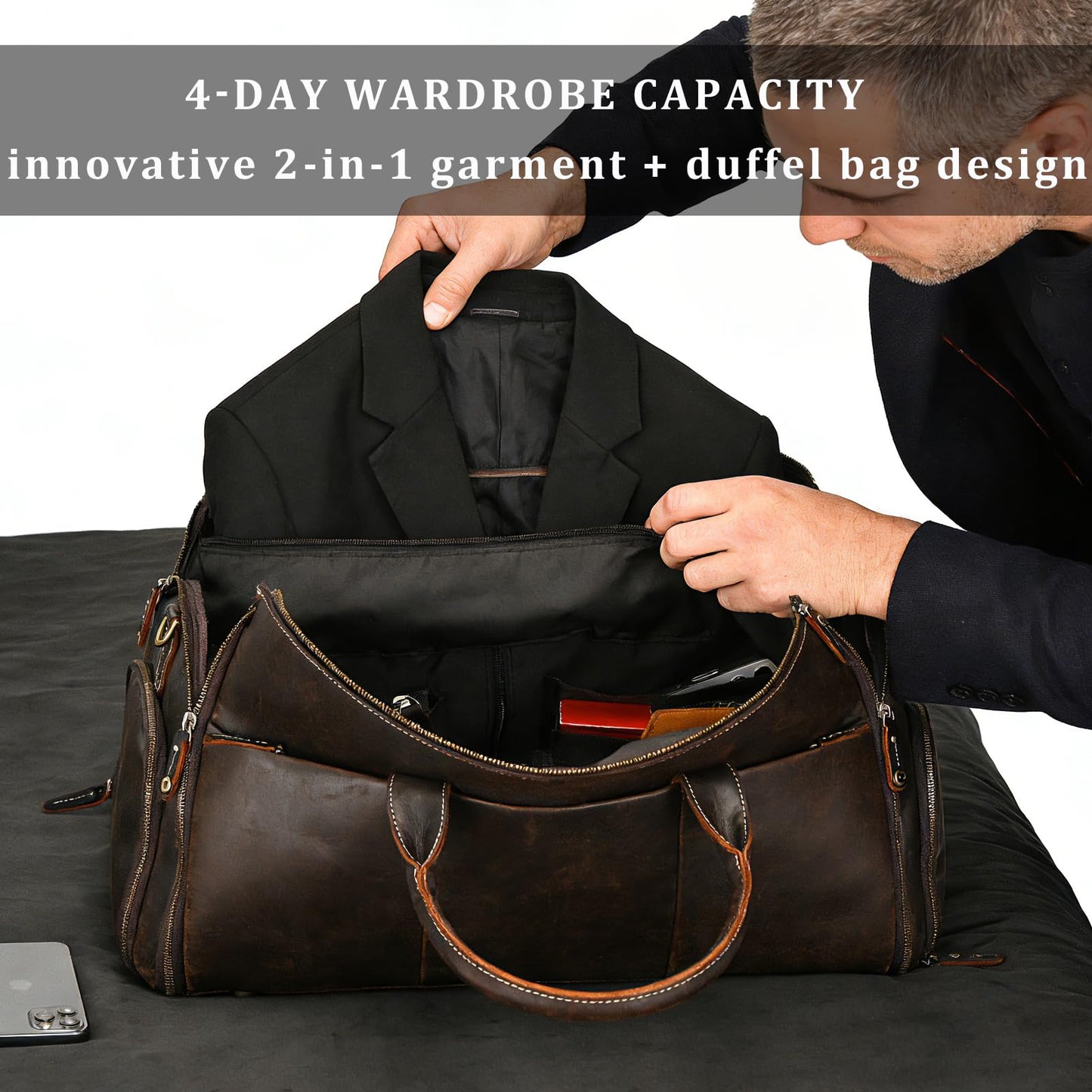Men's Carry On Garment Bag, Convertible Garment Bag Full Grain Leather Duffle Bags with Shoe Pouch, 2 in 1 Hanging Suitcase Suit Travel Bags