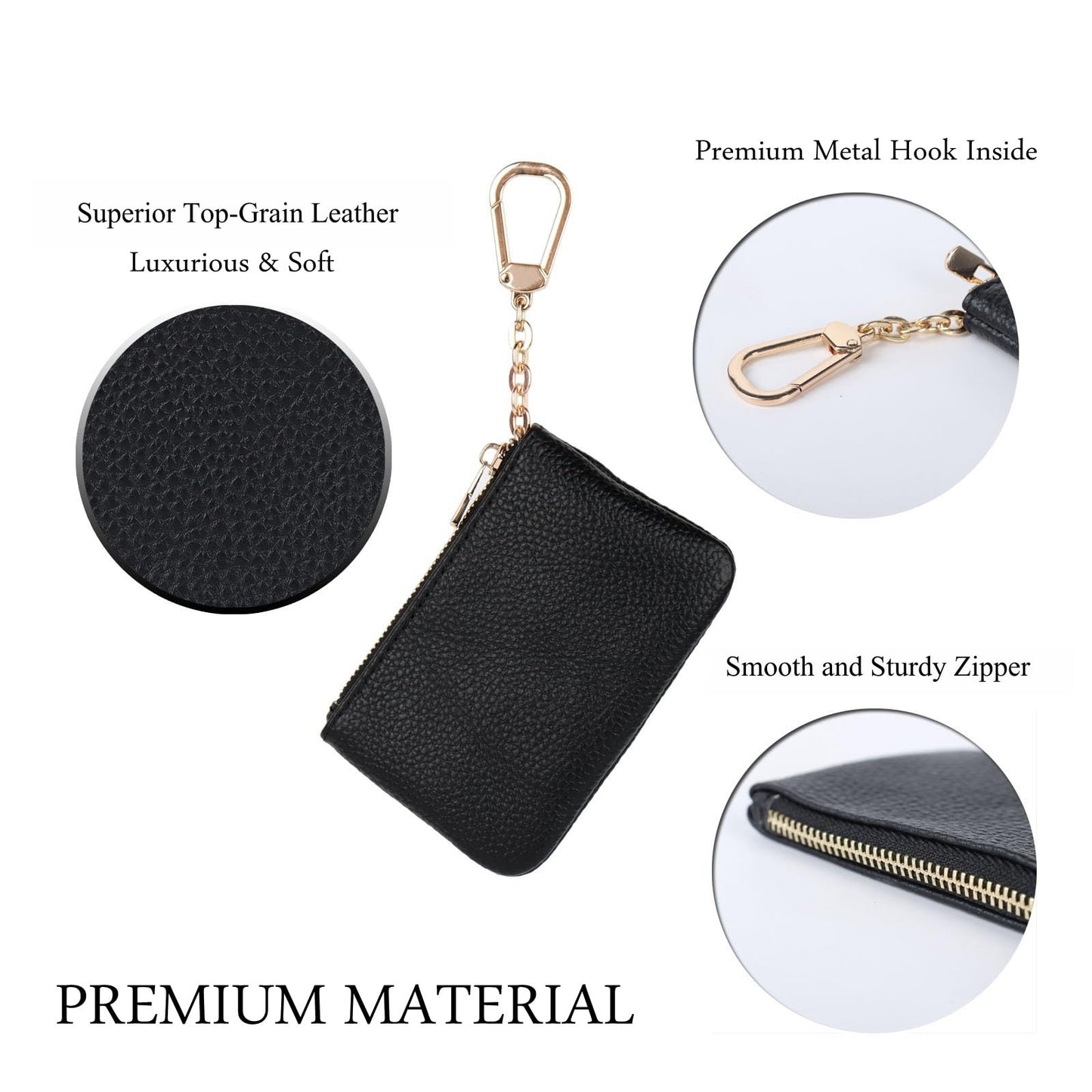 LARENNT Full Grain Leather Coin Purse With Key Chain - Small Change Purse Card Holder Keychain Pouch Wallet for Women and Men (Black)