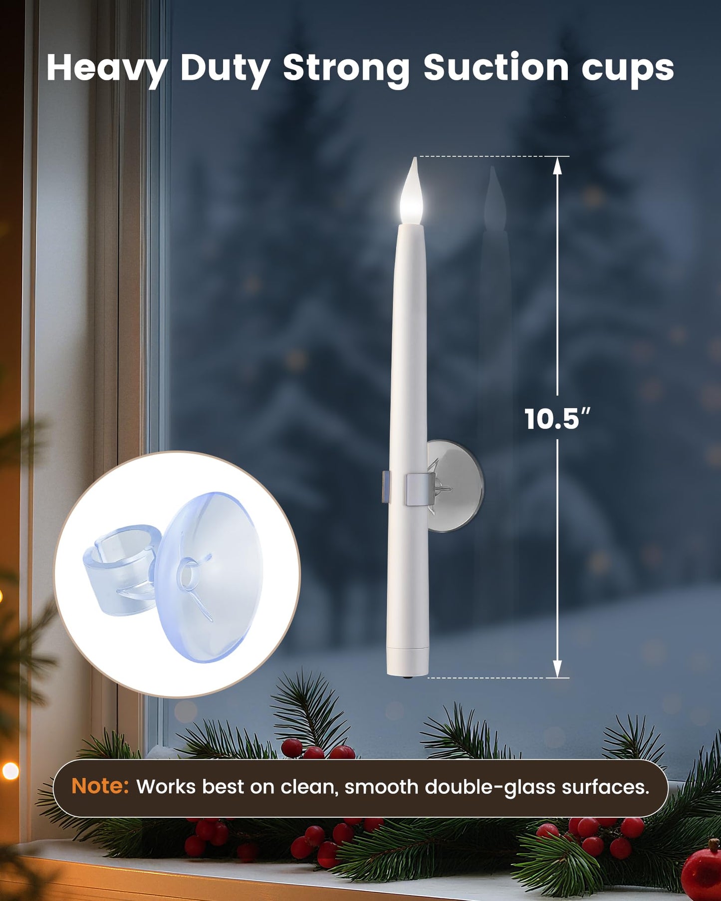 SURAIELEC 10.5'' Battery Window Candles with Suction Cups, Dusk-to-Dawn Christmas Window Candles, 5000K Cool White, Flameless LED Candle for Windows, 6 Pack (Rechargeable Battery Not Compatible)