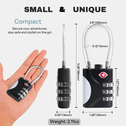 UP Security TSA Locks for Luggage, Small Combination Lock with Cable, Luggage Locks TSA Approved, Combo Lock for Suitcase, Cabinet, Gym Locker, Backpack, Small Padlock for Travel Essentials (Black)